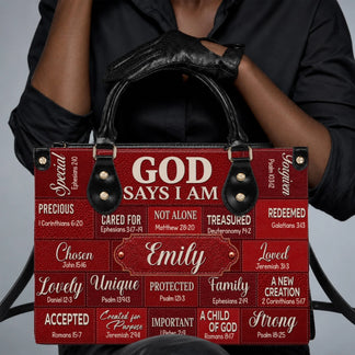 A woman holding a custom-named Emily religious leather handbag with Bible verses, perfect as an inspirational faith gift.