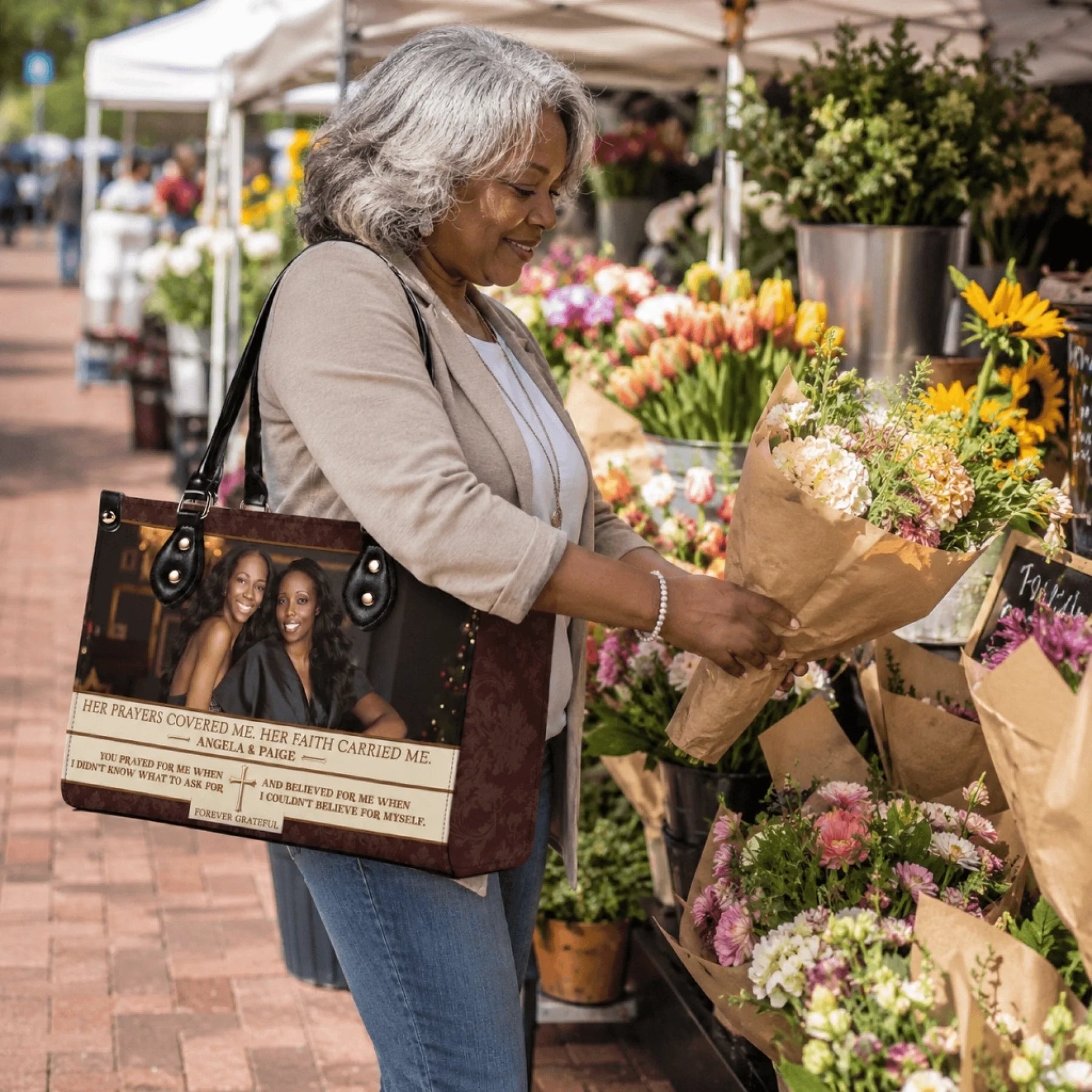 Woman at a flower market carrying a custom photo memorial handbag, a beautiful way to cherish memories daily.