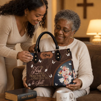A woman presenting a personalized Exodus 14:14 faith handbag as a thoughtful gift to an older woman in a church.
