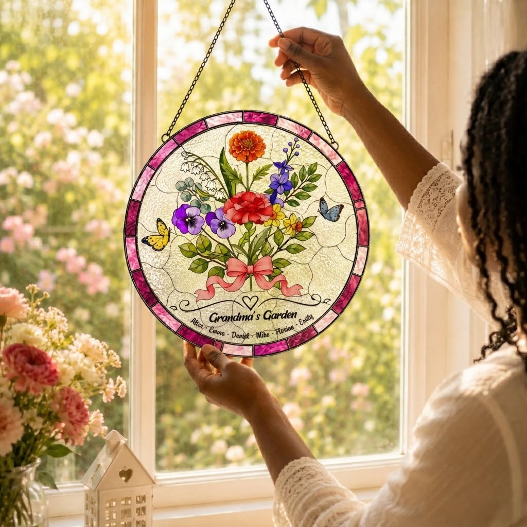 Woman hanging Grandma personalized glass suncatcher with flowers and grandkids names in bright garden window