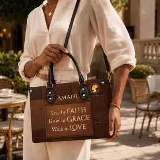 Fashionable brown leather handbag with inspirational faith grace and love quote and custom Amani name displayed.