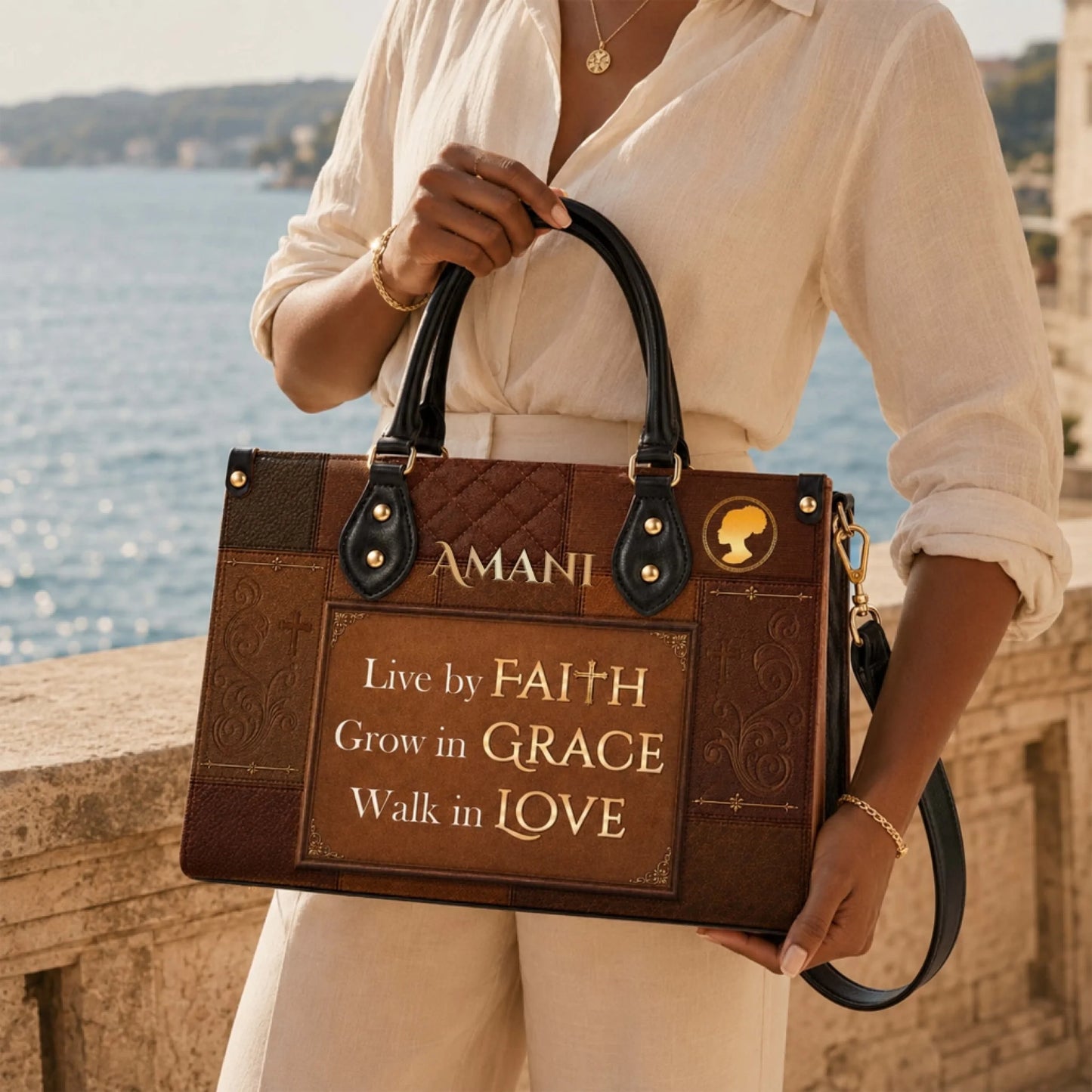 A woman carries a stylish brown leather tote bag with the Amani name and religious faith inspirational quote design.