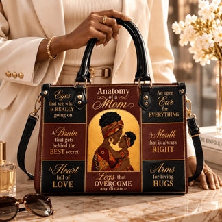 Close up of a woman holding an Anatomy of a Mom leather shoulder bag with inspirational text and artistic design.