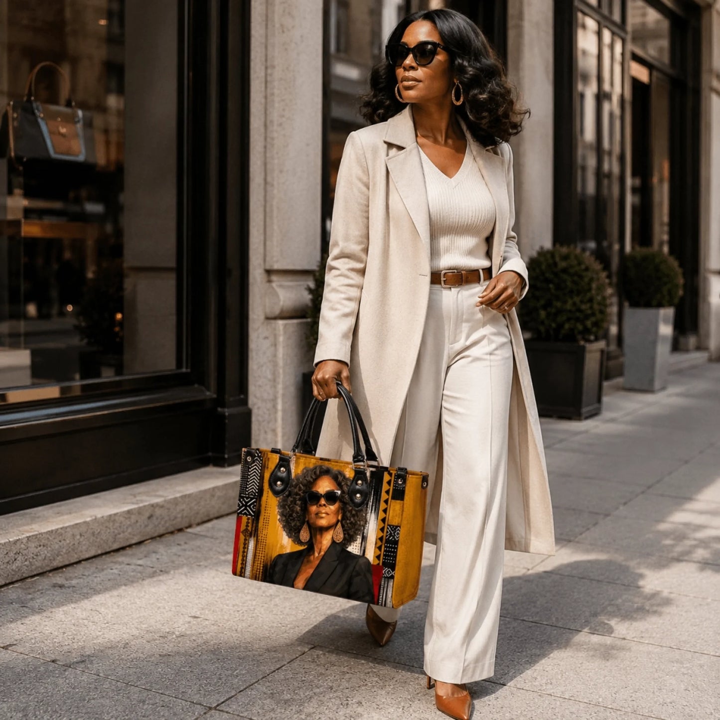 A woman carrying a custom handbag decorated with an artistic print of a stylish woman with curly hair and sunglasses.