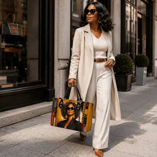 A woman carrying a custom handbag decorated with an artistic print of a stylish woman with curly hair and sunglasses.