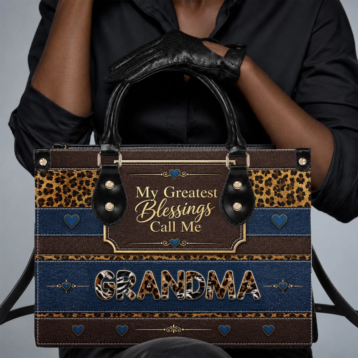 Elegant personalized Grandma tote bag featuring leopard and denim patterns held by a woman, perfect for Mother's Day.