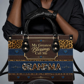 Elegant personalized Grandma tote bag featuring leopard and denim patterns held by a woman, perfect for Mother's Day.