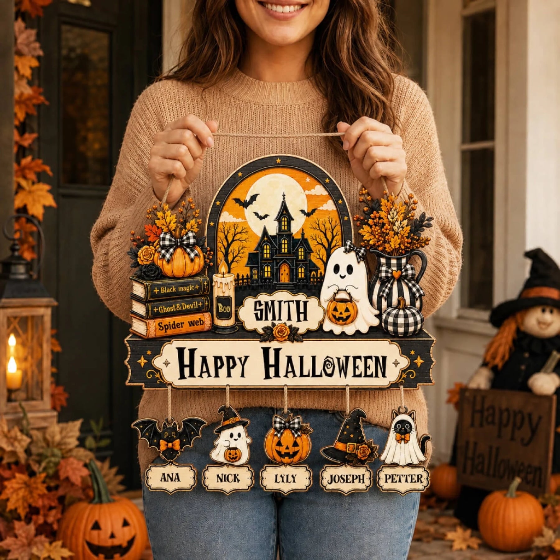 Person holding a custom-made Smith family Halloween wooden sign with spooky decor and personalized hanging name tags.