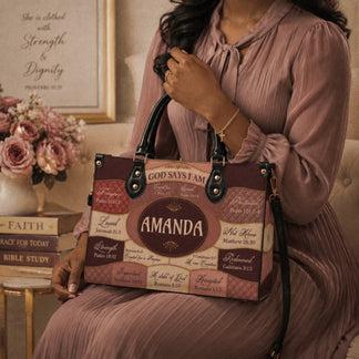 A woman holding a personalized handbag with scripture and the name Amanda, elegant accessory for a woman of faith.