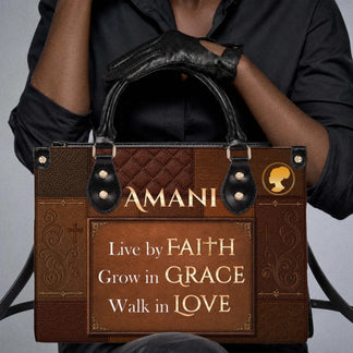 A woman wearing black clothes holding a brown personalized handbag with the text Amani and religious inspirational quotes.