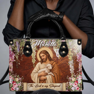 A woman carrying a custom handbag with a Jesus shepherd design and the name Michelle, ideal for daily faith-inspired style.