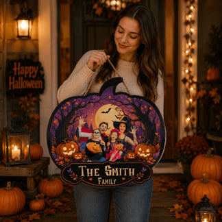 A woman holding a custom Halloween pumpkin shaped wooden sign featuring a family photo and The Smith Family name.
