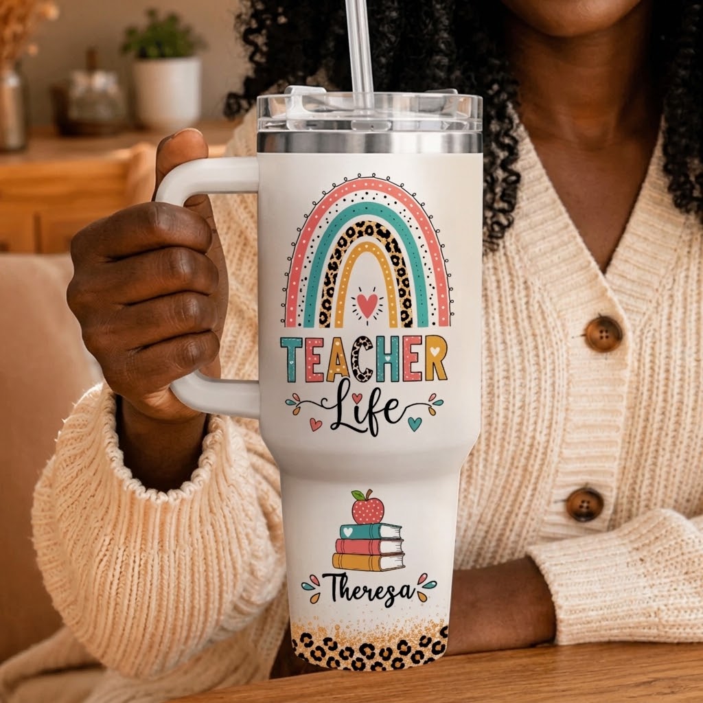 Woman holding a personalized teacher life tumbler with a rainbow books design and the custom name Theresa.