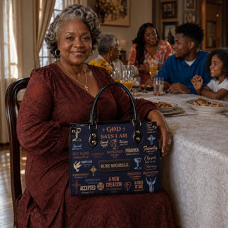 A woman in a maroon dress holding a custom Ruby Michelle handbag printed with inspirational Christian Bible verses.