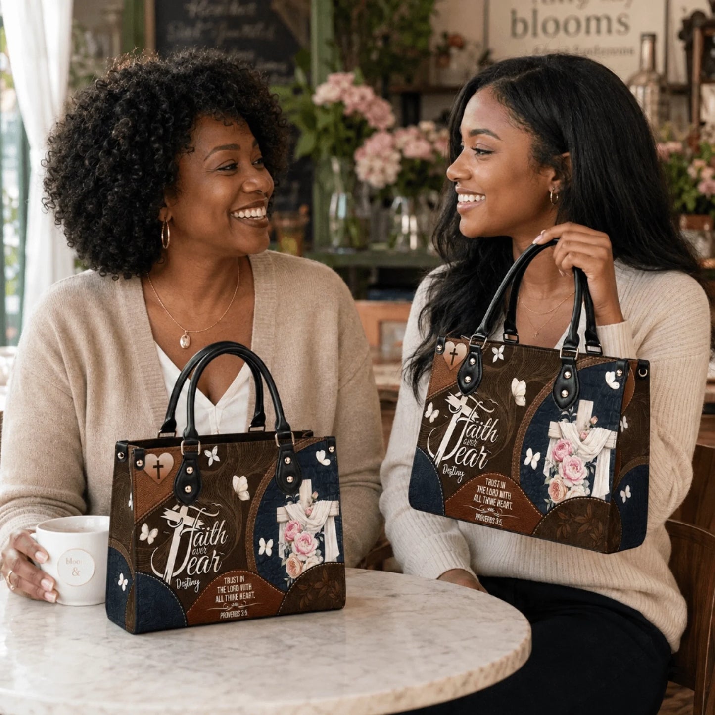Two women sitting at a table with coffee holding faith over fear cross leather handbags as a thoughtful gift idea.