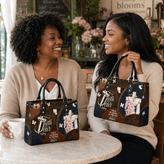 Two women sitting at a table with coffee holding faith over fear cross leather handbags as a thoughtful gift idea.