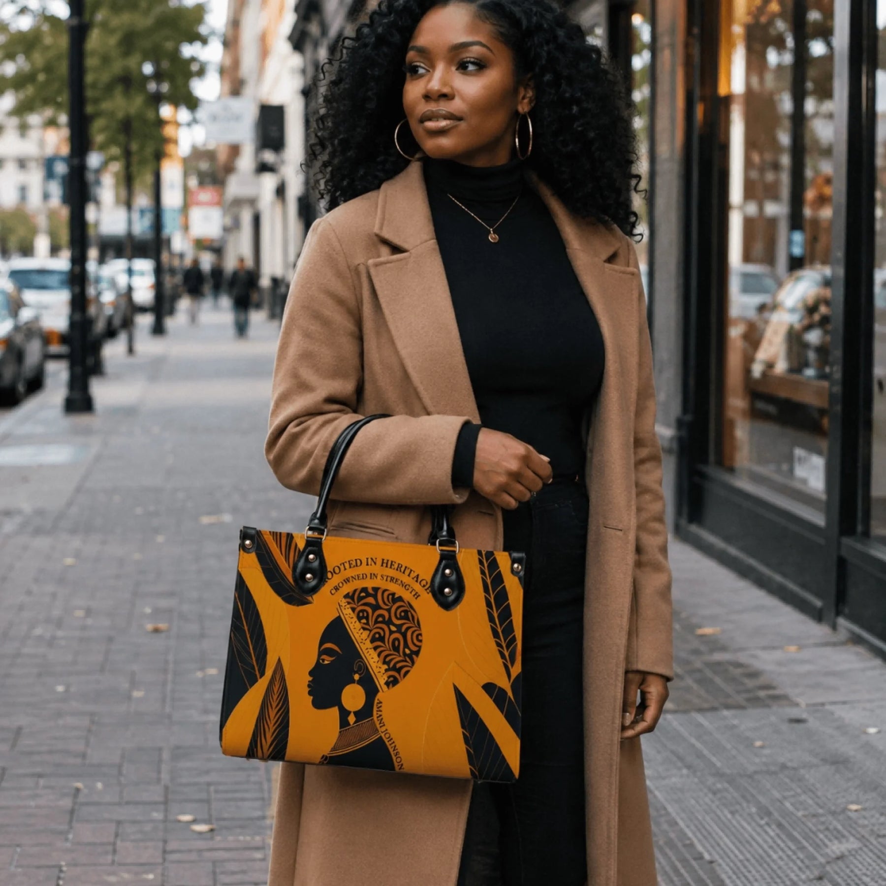 Black woman wearing a camel coat carrying a stylish gold and black tote bag with heritage themed art