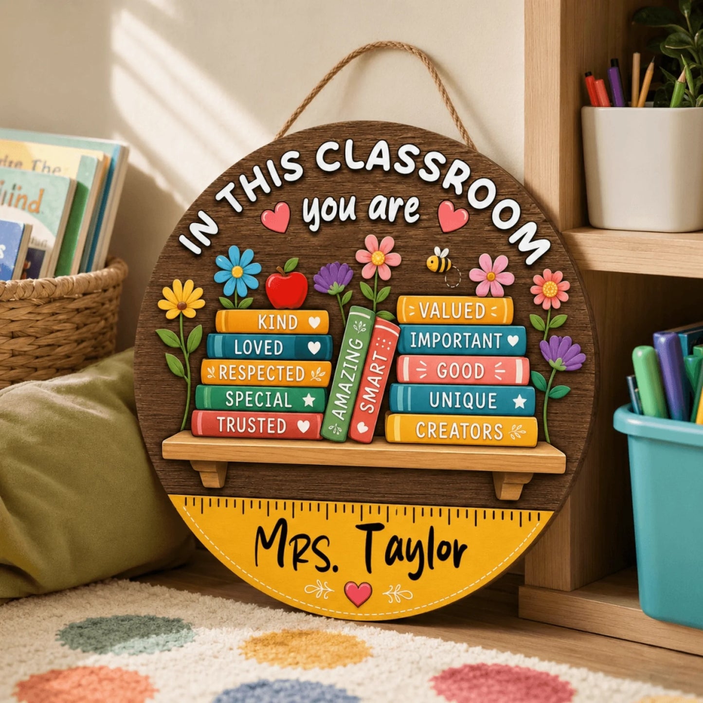A colorful, round wooden sign for classrooms with a ruler graphic and motivational books, displayed on a wooden shelf.