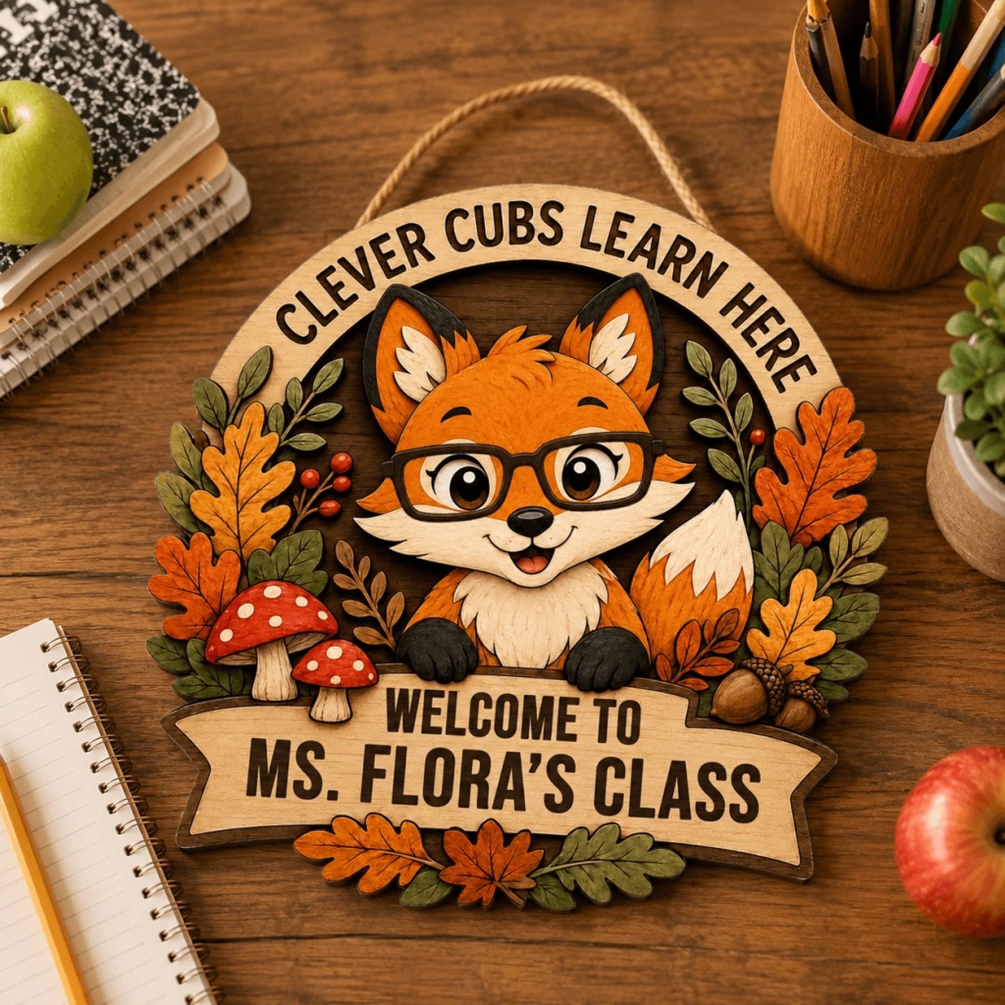 Personalized wooden fox plaque for Ms. Flora's class featuring autumn decorations, an ideal teacher gift for school.