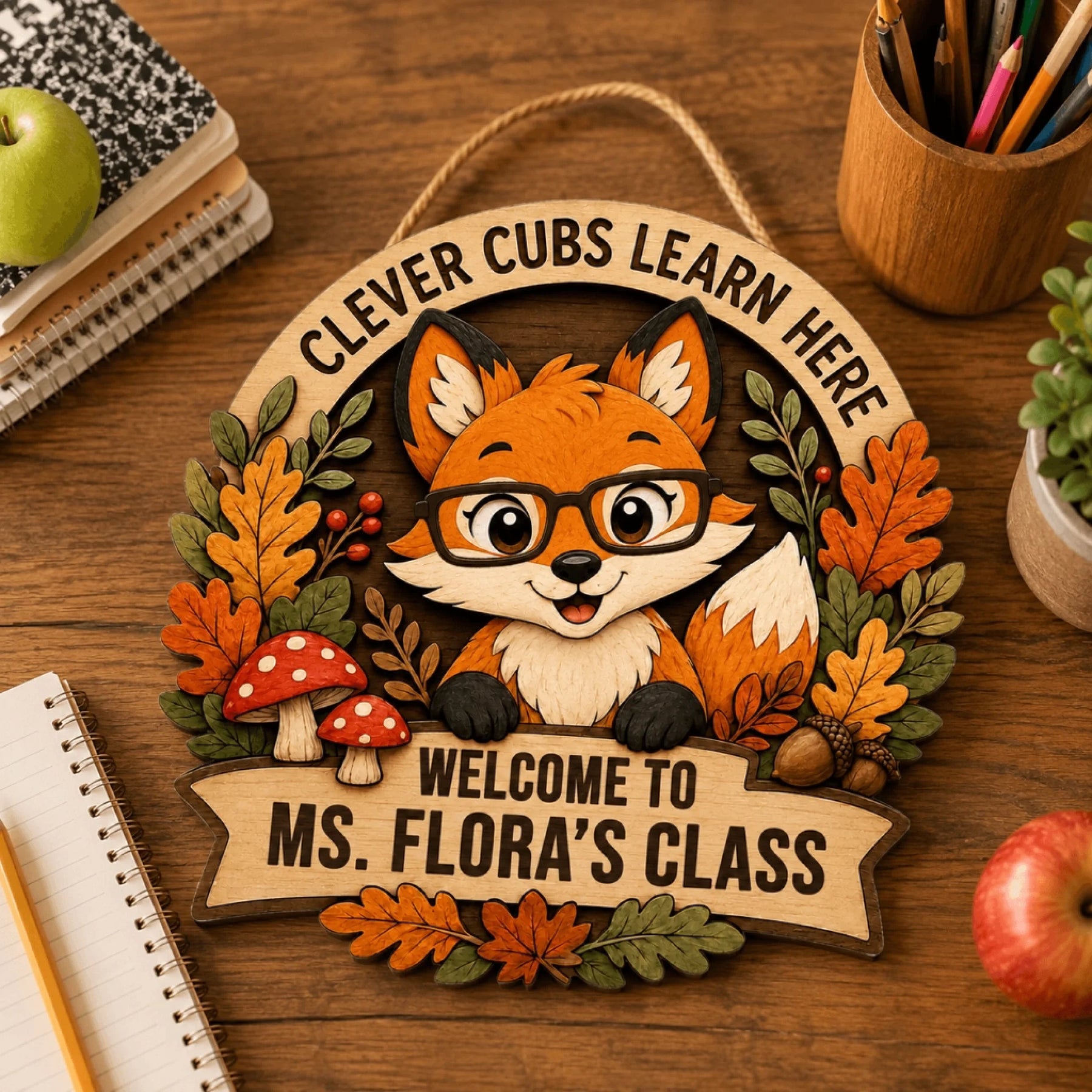 Personalized wooden fox plaque for Ms. Flora's class featuring autumn decorations, an ideal teacher gift for school.