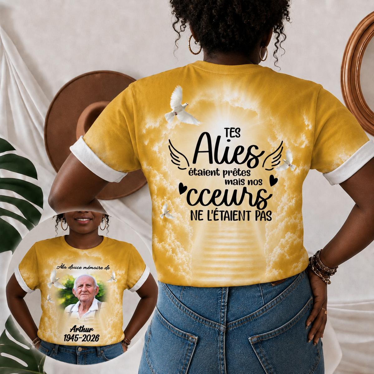 Woman wearing a personalized memorial T-shirt featuring a photo of a loved one and heaven-inspired design.