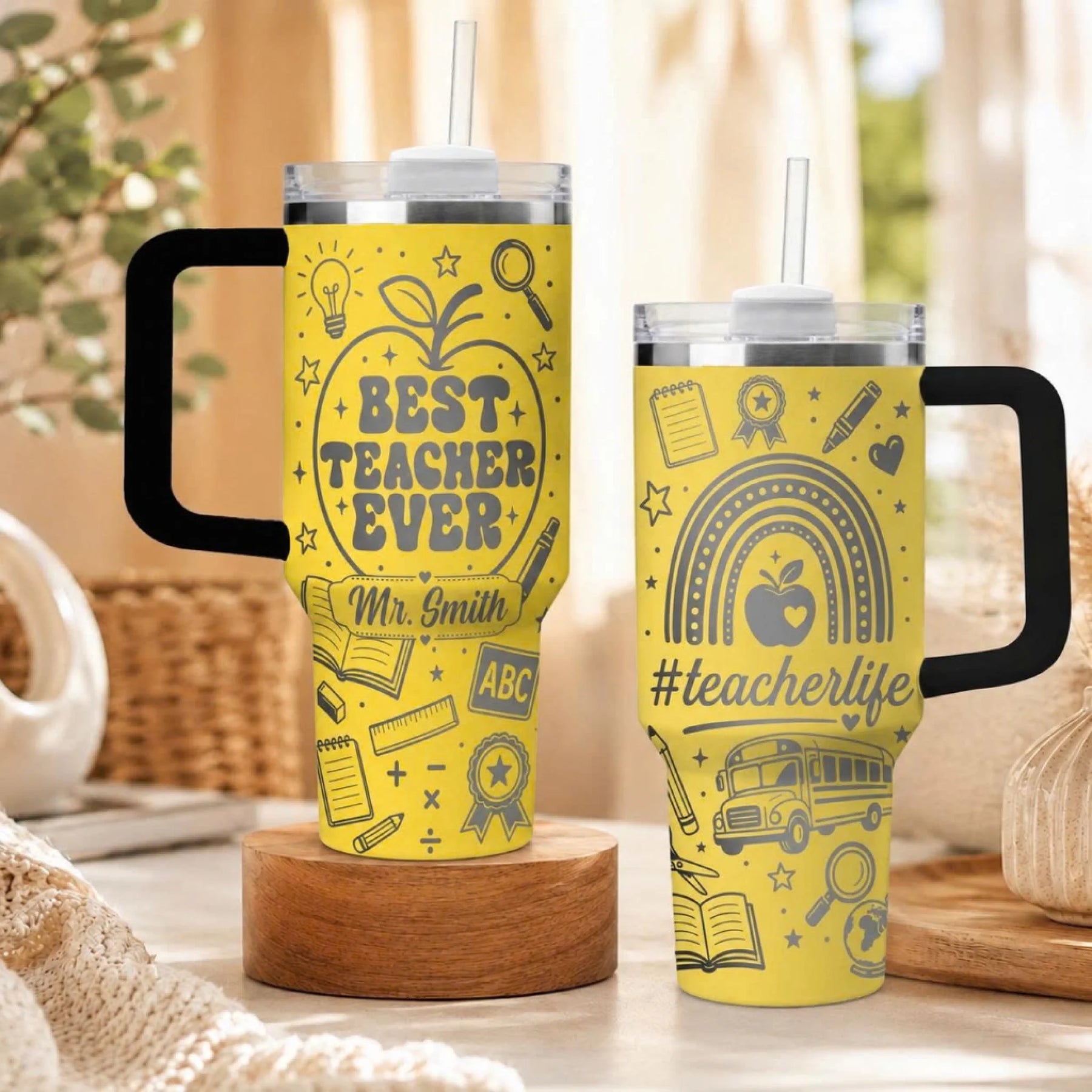 Custom yellow insulated tumbler featuring a best teacher ever design and cute school bus graphic for educators.