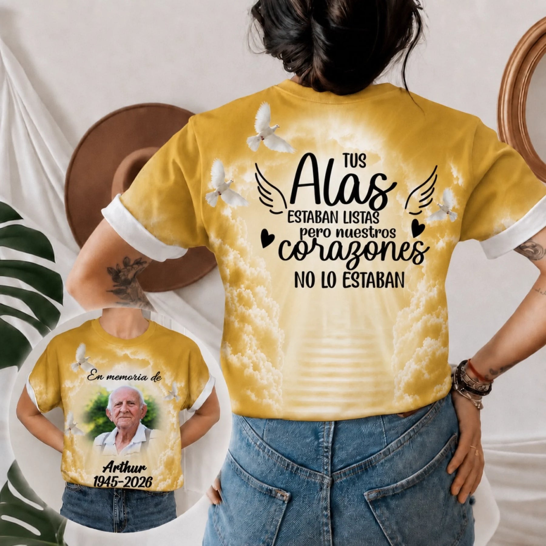 Yellow personalized memorial t-shirt with a custom photo of Arthur, dates, and Spanish tribute text about wings and hearts.