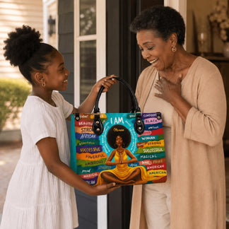A young girl presents a personalized handbag featuring a black woman in a yoga pose to her grandmother as a thoughtful gift.