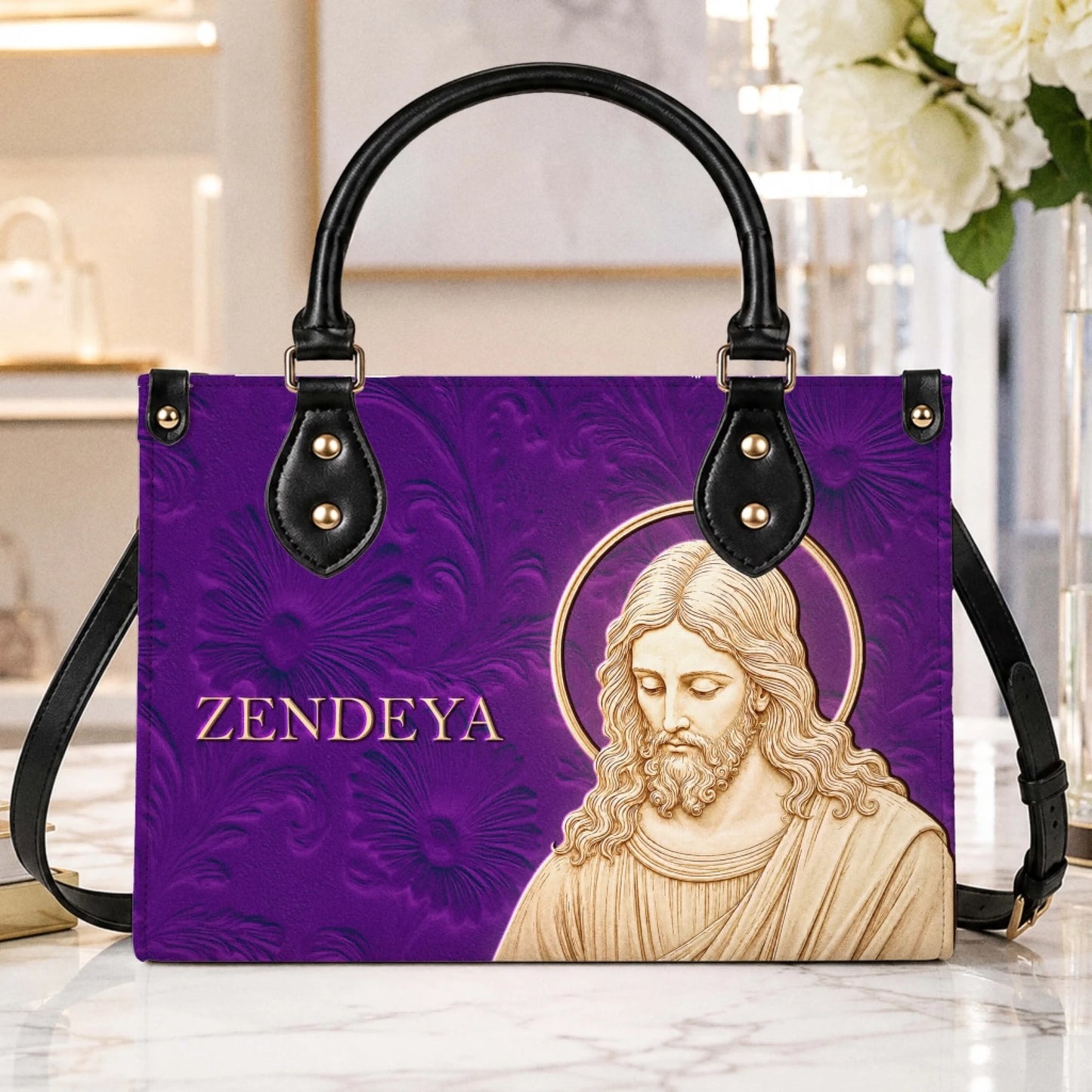 Custom purple tote bag displaying a Jesus portrait and Zendeya text, suitable as a thoughtful religious gift.